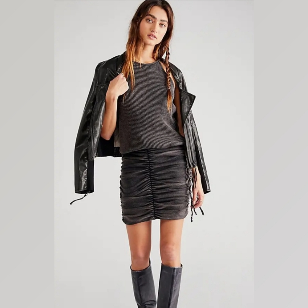Free People Katya Waffle Knit Ruched Bodycon Mini Dress in Charcoal XS